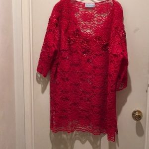 LACE RED TOP W/V NECK W/SPARKLE AROUND NECK NICE!!
